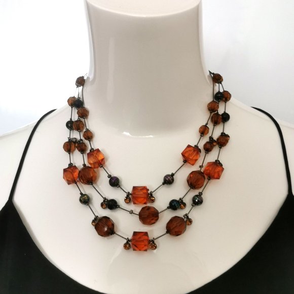 3 Strand Beaded Necklace Amber & Brown Color necklace - Picture 7 of 7